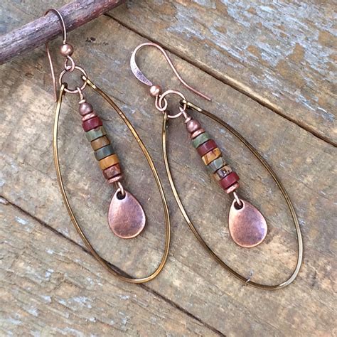 Dangle Boho Earrings Copper Hoop Earrings Red Creek Jasper Etsy