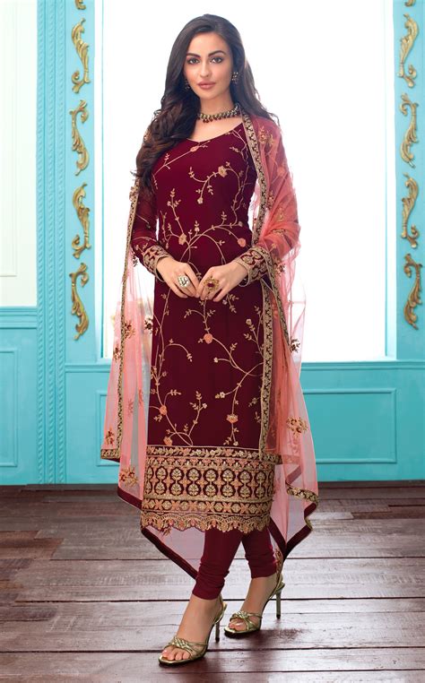 Maroon And Pink Designer Embroidered Georgette Churidar Suit In 2021