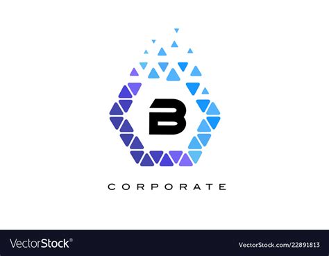 B Blue Hexagon Letter Logo With Triangles Vector Image