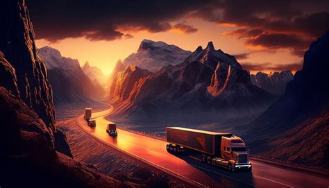 Premium Photo Trucks On A Mountain Highway At Sunset Generative Ai