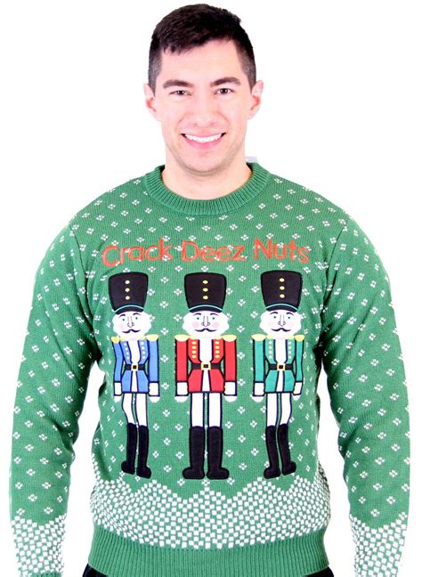Adult Green Tacky Ugly Christmas Sweater Crack Deez Nuts Nutcrackers