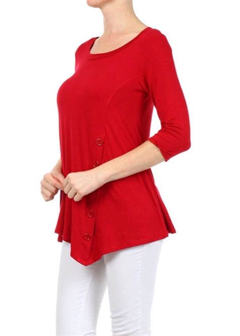 Womens Tunic Top 34 Sleeve Button Embellished Red Smlxl Red