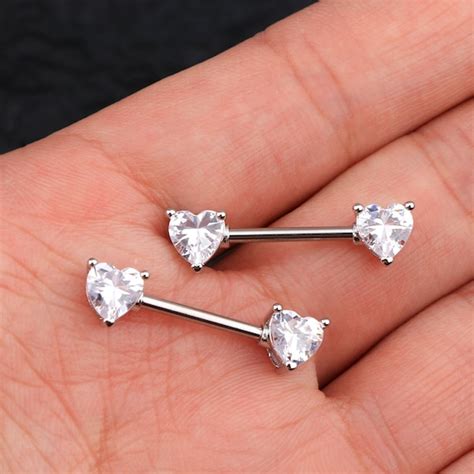 1pair 14g Cz Double Heart Nipple Ringsnipple Barbells Nipple Etsy