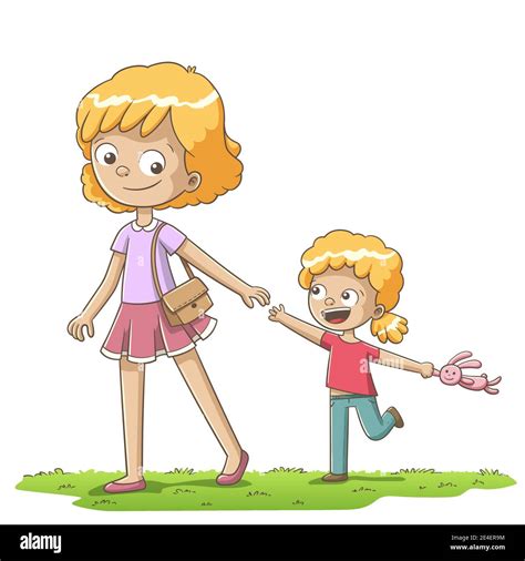 Mother And Daughter Walking Hand Drawn Vector Illustration With