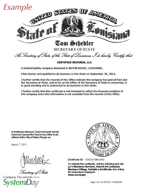 Louisiana Certificate Of Good Standing Certificate Of Existence