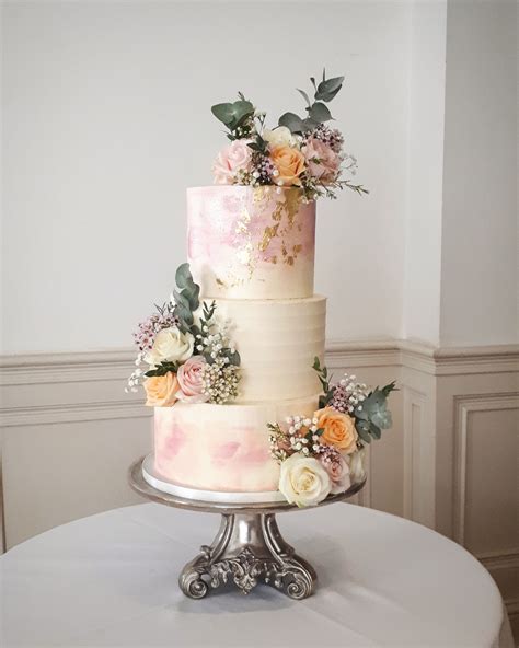 Peach Pink Buttercream Wedding Cake With Fresh Flowers