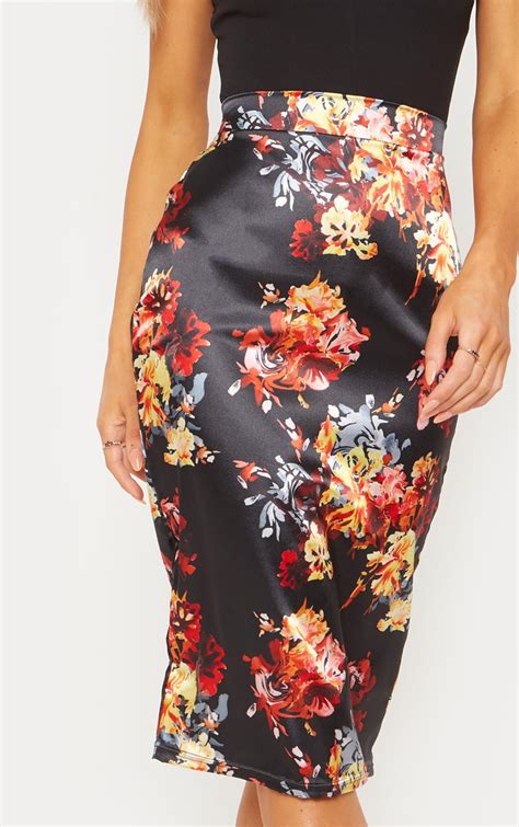 Black Satin Floral Print Pencil Skirt Prettylittlething Usa