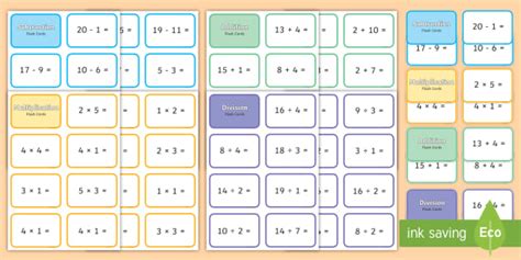 Addition Subtraction Division And Multiplication Within 20 Small Flashcards