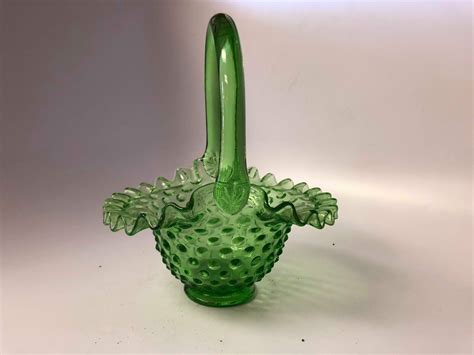Authentic Fenton Colonial Green Hobnail Glass Basket 7 3837 Fenton Glass Fenton Hobnail Glass