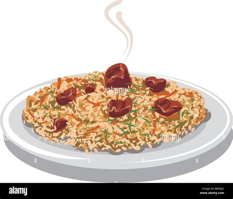 Illustration Of Hot Pilaf With Rice Meat And Carrot On Plate Stock