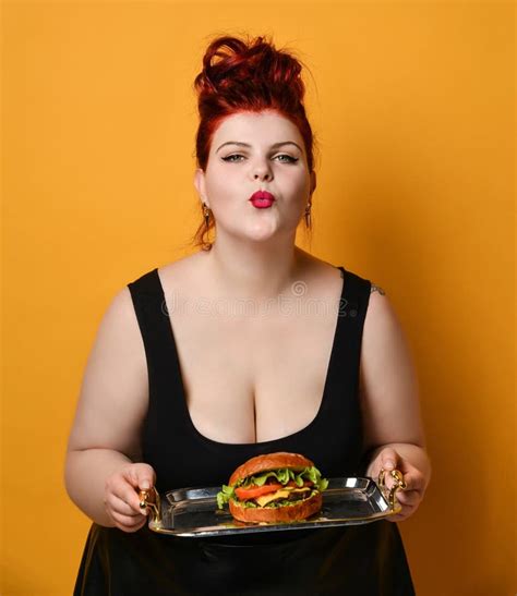Happy Overweight Fat Woman Happy Hold Burger Cheeseburger Sandwich With Beef Healthy Eating