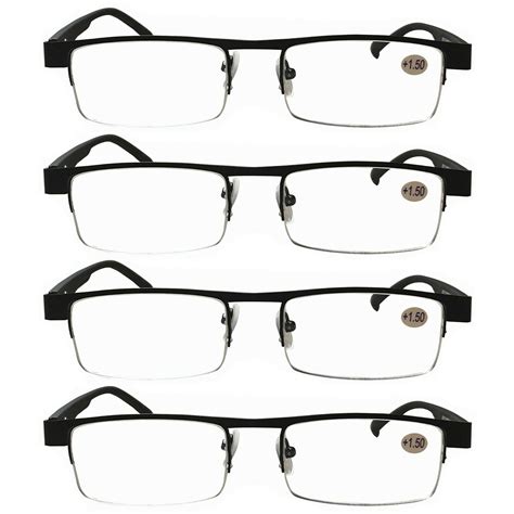 4pk mens rectangular metal half frame reading glasses spring hinge black readers ebay