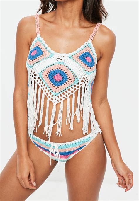 White Crochet Tassel Patchwork Bikini Set Missguided Swimwear Uk