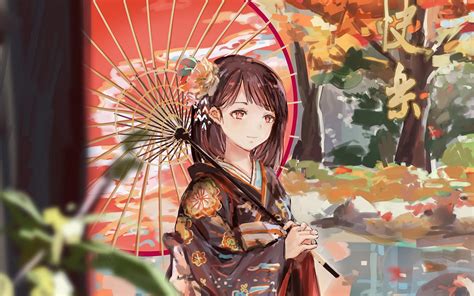 Download Wallpaper 1680x1050 Girl Umbrella Anime Kimono