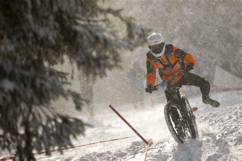 Cyclist Extreme Riding Mountain Bicycle In Snow Stock Image Image Of