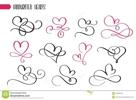 Set Of Hand Drawn Sketchy Calligraphy Hearts Vector Grunge Style