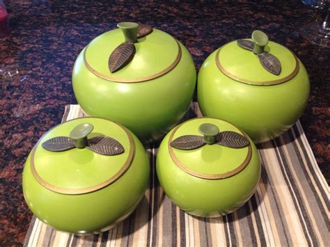 Vintage Set Of Four Retro Green Apple Kitchen Metal Canisters 1960s