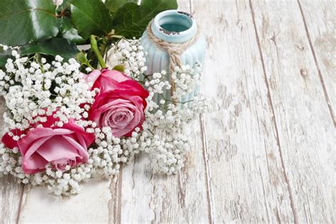 Beautiful Pink Roses And Gypsophila Baby S Breath Flowers Stock Photo