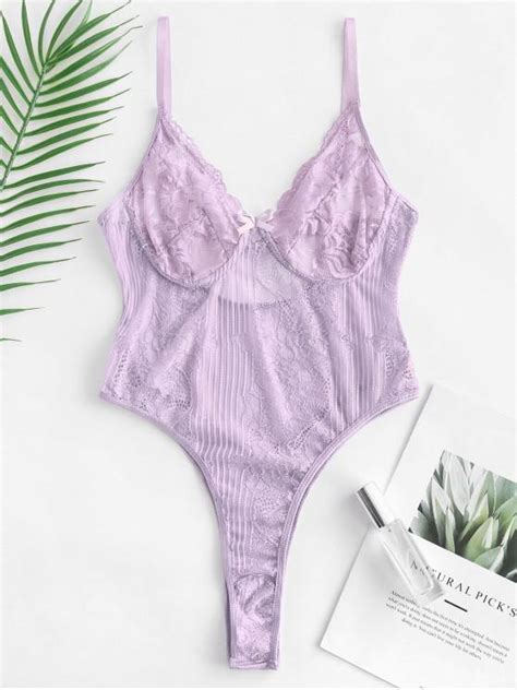 35 Off 2021 Bowknot Lace High Leg Lingerie Teddy In Mauve Zaful