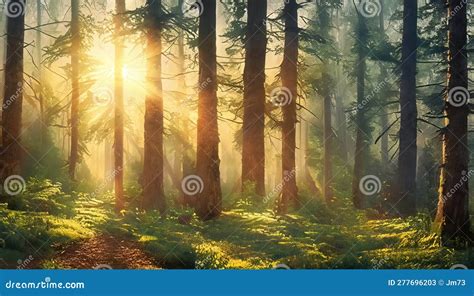 Sun Rays Shine Between Trees Of Coniferous Forest At Dawn Stock