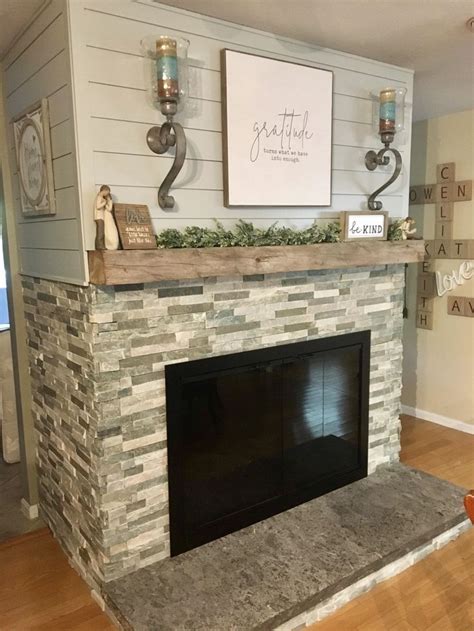 Fireplace Makeover With Shiplap Ledger Stone And Limestone Hearth