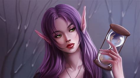 fantasy elf green eyes hourglass pointed ears purple hair woman 1080p wallpaper