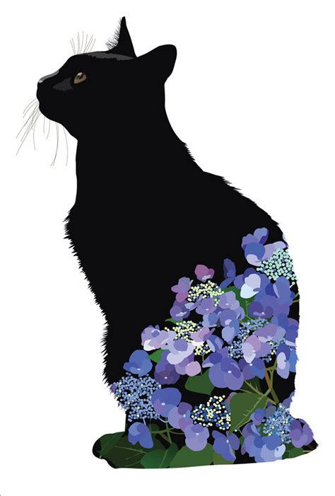 Black Cat And Hydrangeacat Illustration Etsy