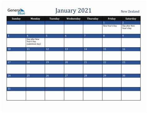 January 2021 New Zealand Holiday Calendar