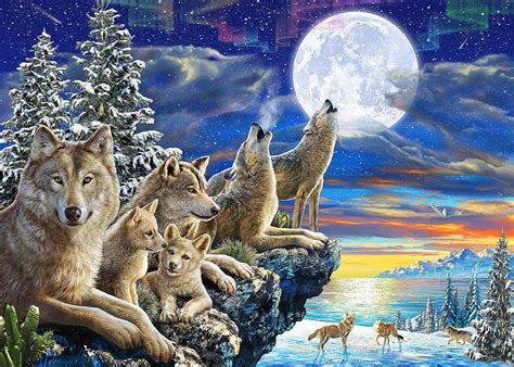 Pack On The Rocks Moon Trees Wolves Animals Hd Wallpaper Peakpx