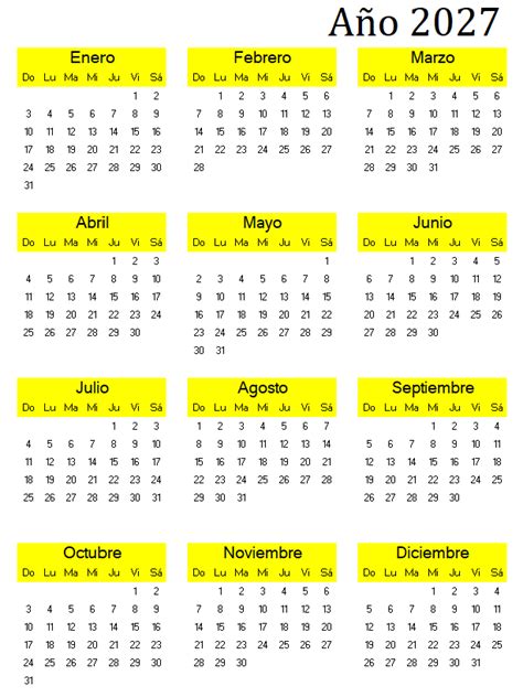 Calendario 2027 Para Imprimir Pdf Word Y Excel Calendariopro