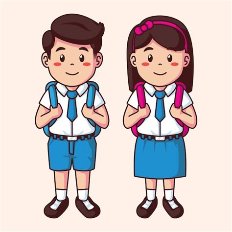 Niño de escuela feliz de dibujos animados y niña en uniforme Vector Premium