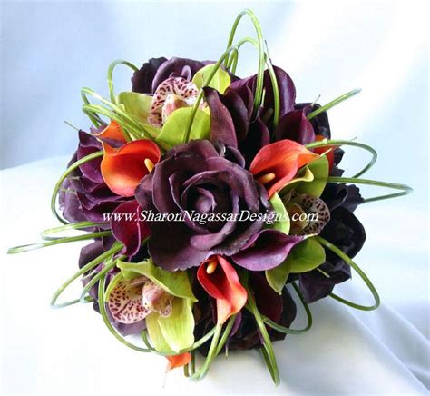 wedding eggplant plum deep purple green orange bouquet real touch flowers roses orchids