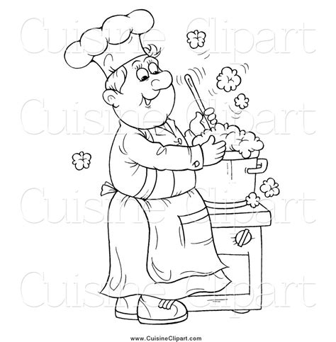 Kitchen chef cartoon baker illustration of woman. Cuisine Clipart of a Black and White Happy Chef Making Soup by Alex Bannykh - #13329