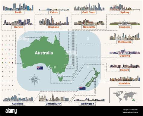 Mapa De Vectores Bandera De Australia Y Nueva Zelanda Con Ciudades
