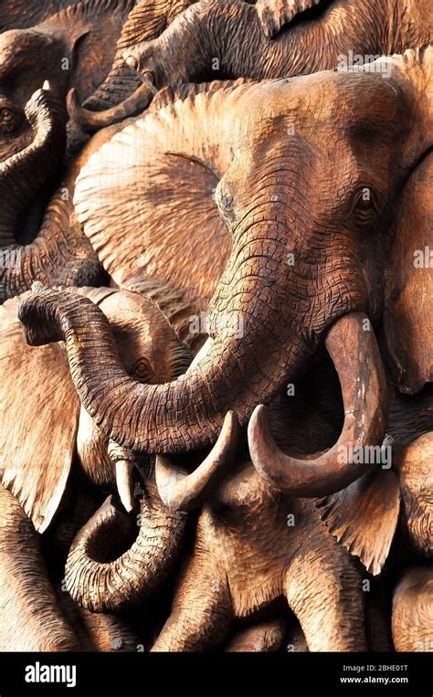 Wooden Carved African Elephant With Long Tusks Stock Photo Alamy