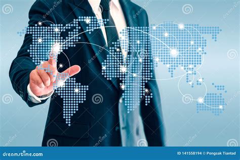 Businessman Touching World Map Virtual Button And Connect Communication