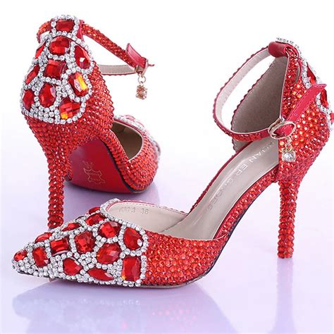 Gorgeous Pointed Toe Bridal High Heel Shoes Red Rhinestone Crystal