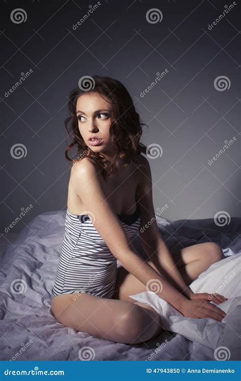 Beautiful Brunette Woman Portrait On Bed Home Stock Photo Image Of