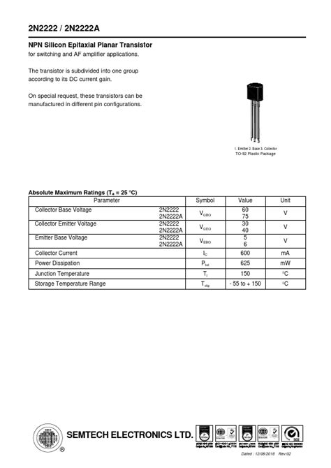 2n2222a Datasheet Small Signal Switching Transistor