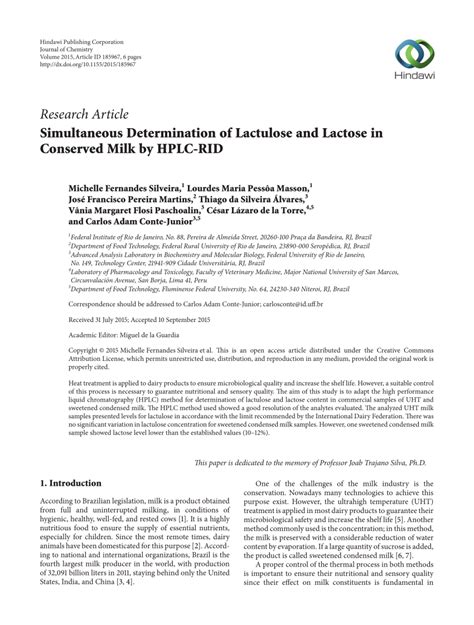 Pdf Simultaneous Determination Of Lactulose And Lactose In Conserved