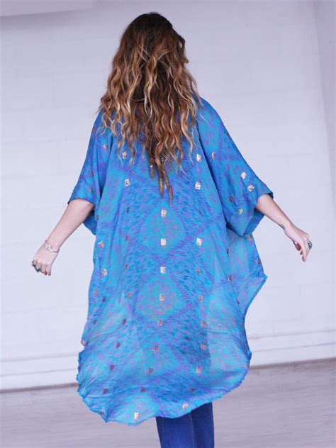 Bohemian Blue Kimono Long Kimono Silk Cardigan Cover Up Beach