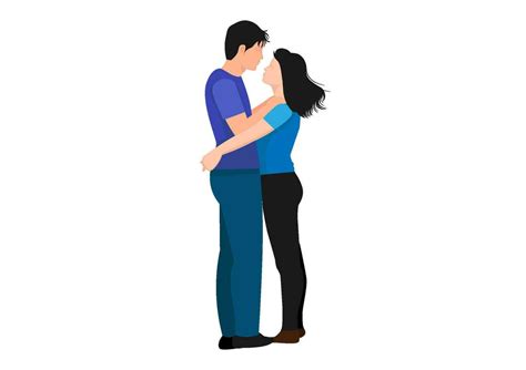 Couple In Love Portrait Of A Joyful Man Hugging His Girlfriend Standing Together Side View In
