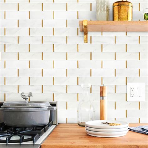 White And Gold Brick Pattern Polished Marble Mosaic Tile Backsplash