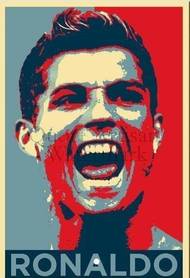 A Man Laughing With His Mouth Open And The Words Ronaldo On It In Red White