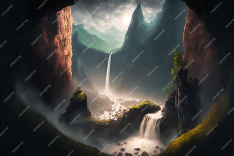 Premium Ai Image Painting Of A Waterfall In Cave With The Background