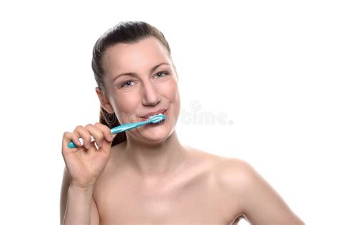 Attractive Naked Woman Brushing Her Teeth Stock Photo Image