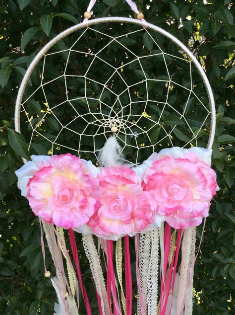 Pink Floral Ribbon Dream Catcher Bohemian Cream Lace Home Etsy