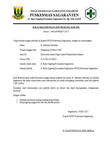 Surat Rekomendasi Izin Praktek Dokter