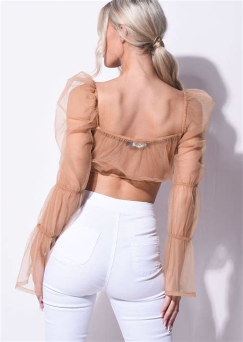 Organza Sheer Puff Sleeve Crop Top Nude Brown Lily Lulu Fashion