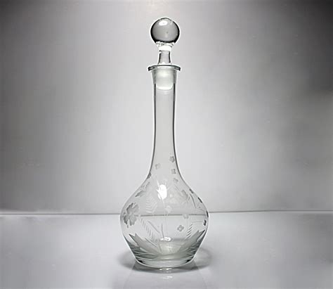 Etched Tall Floral Decanter Original Stopper 16 Inch Clear Glass Barware
